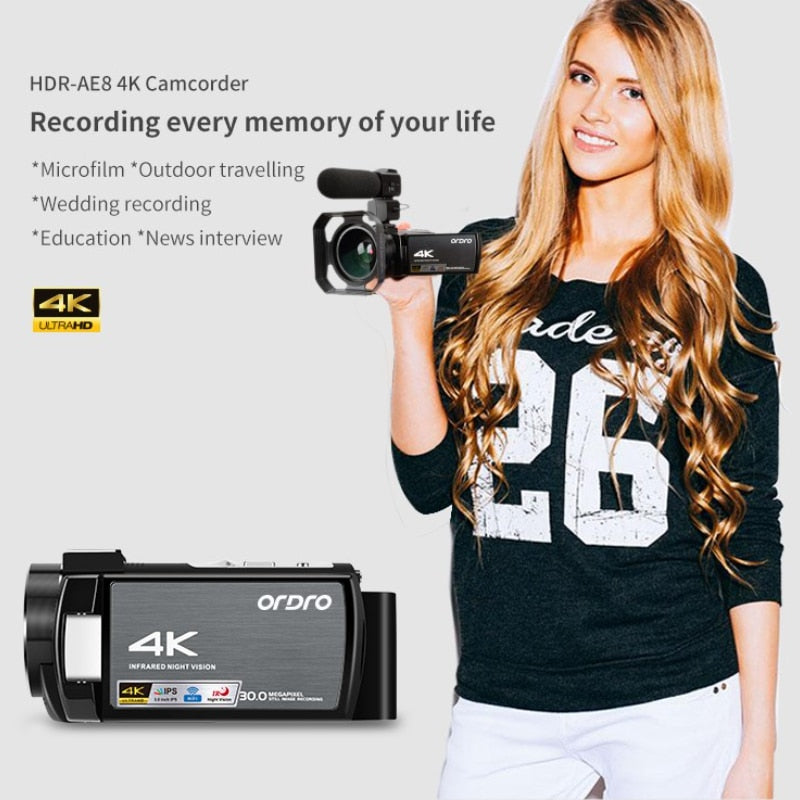 Video Camera 4K Professional Ordro AE8 Vlog Youtube with Infrared Night Vision Microphone Digital Camcorder Blogger Filmadoras