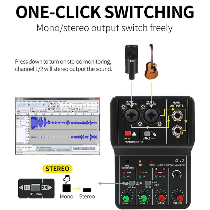 Q12 Audio Interface USB Sound Card Drive-free Portable Mini 2way Electric Guitar Recording Professional Mixer For Studio Singing