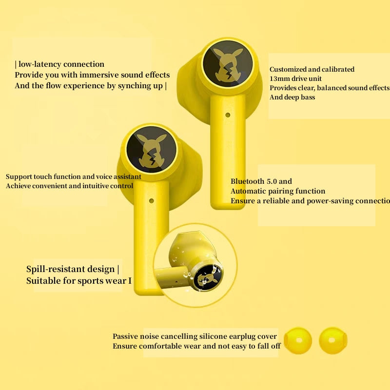 2023 Pikachu Pokemon Razer Earphones Wireless Bluetooth 5.0 Sport Noise Reduction Headphones Touch Control Microphone Universal