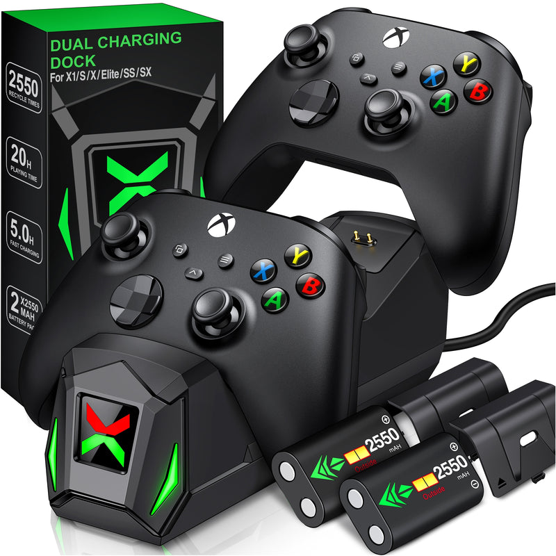 Carregador rápido duplo para Xbox One X/S/Elite Xbox Series X/S Controlador sem fio 2X2550mAh Bateria recarregável para Xbox One