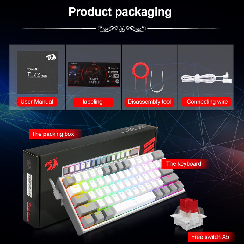 REDRAGON Fizz K617 RGB USB Mini Mechanical Gaming Wired Keyboard Red Switch 61 Key Gamer for Computer PC Laptop detachable cable