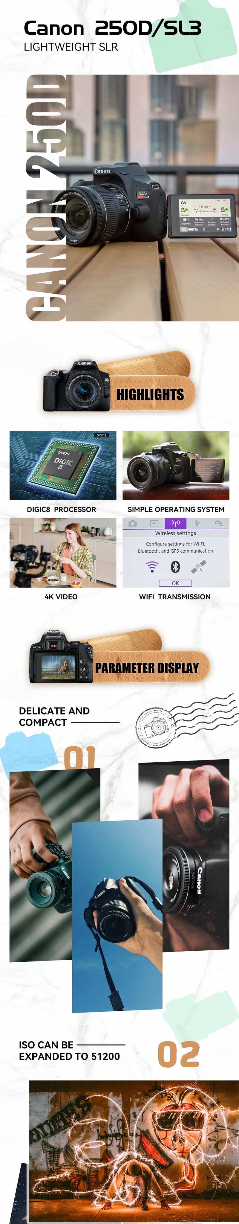 Câmera Canon EOS 250D Rebel SL3 200D II DSLR Com lente EF-S 18-55mm (NEW)