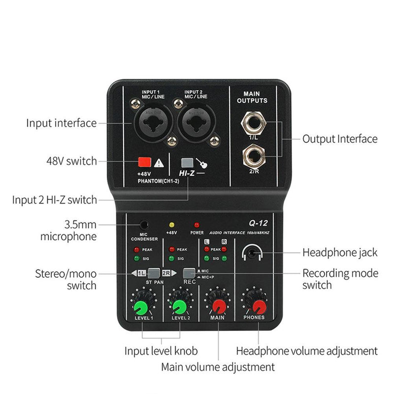 Q12 Audio Interface USB Sound Card Drive-free Portable Mini 2way Electric Guitar Recording Professional Mixer For Studio Singing